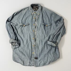 VINTAGE Coliseum Shirt Men Large Blue Jean Denim Button Casual Cotton 90s